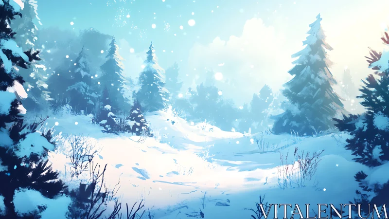 Snow covered forest clearing under bright winter light.