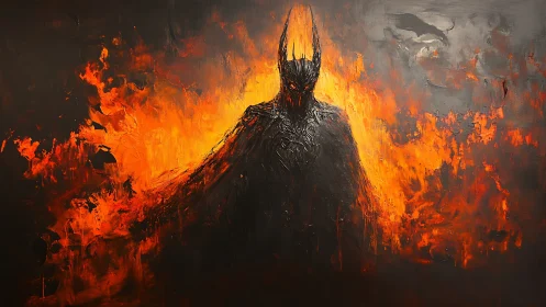 Silhouetted armored figure stands before textured flames