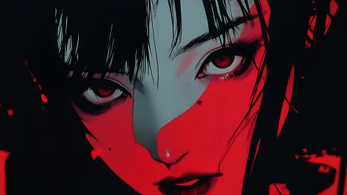 Intense red-lit anime portrait with high-contrast shadows.