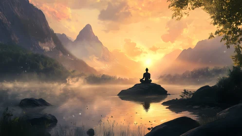 Meditating figure faces blazing mountain sunrise over lake.