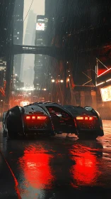 Futuristic vehicle in rainy neon-lit high-rise street at night.
