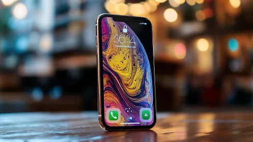 iPhone XS Max Smartphone on Wet Surface with City Lights.
