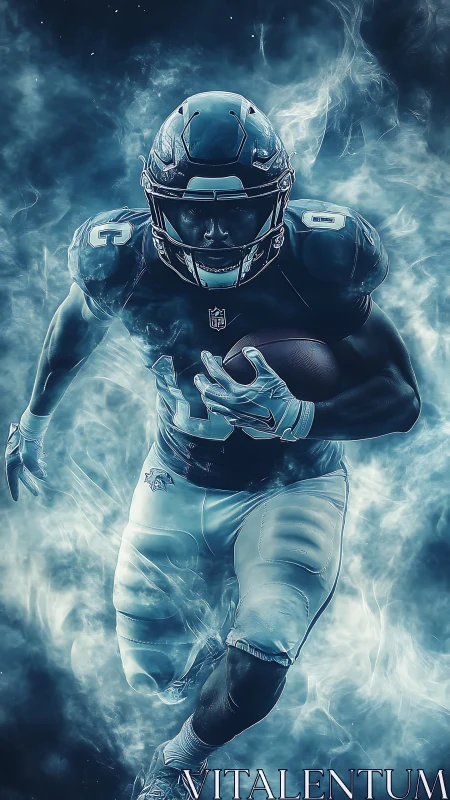 Dynamic gridiron runner in teal smoke, high-contrast lighting