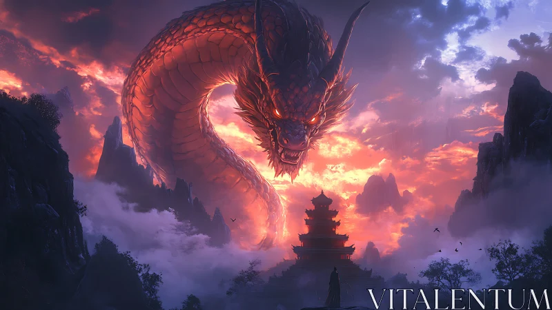 Stormlit sky dragon coils above a lone temple guardian.