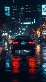 Sports car glows through neon reflections on rainy city street