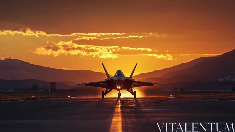 Stealth fighter jet awaits takeoff against a blazing sunset sky