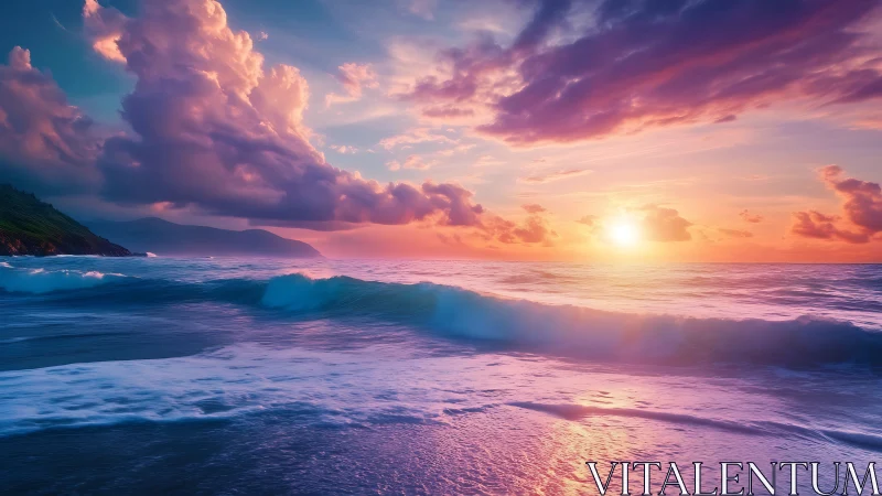 Vibrant seascape sunset renders luminous clouds and waves