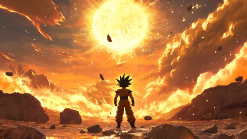 Lone warrior confronts a raging sun over a burning wasteland