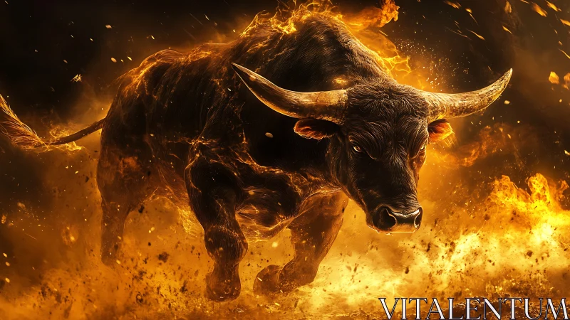 Bull rendered in fire focused charge across burning ground.