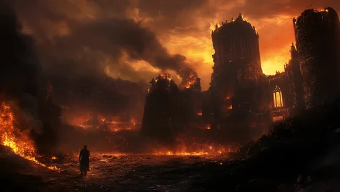 Volcanic citadel collapse under infernal atmospheric glow.
