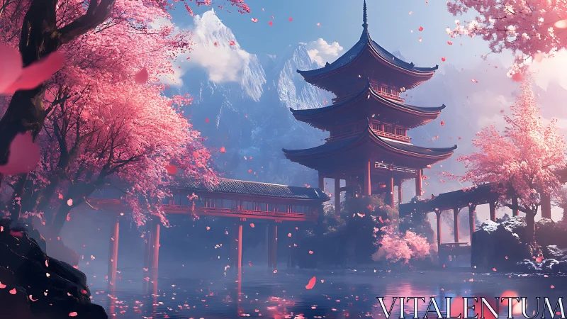 Multi-tiered pagoda stands by water amid dense cherry trees