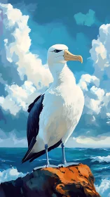 Majestic seabird standing proud above rolling ocean waves.