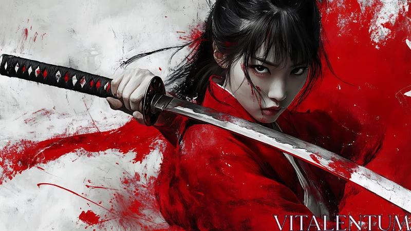 Samurai swordswoman in dynamic red-and-white digital combat portrait.