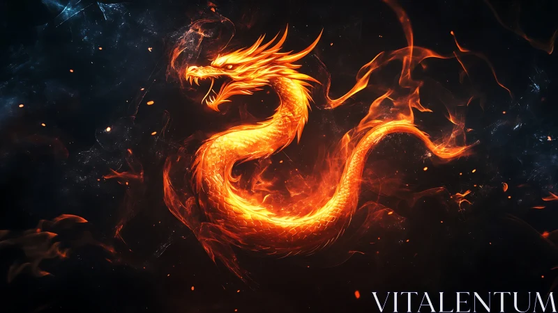 Luminous serpentine fire dragon rendered in high-contrast nebular void