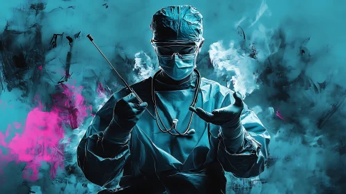 Confident surgeon stands in vibrant teal and pink energy.