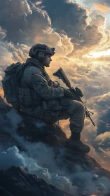 Solitary tactical soldier silhouetted above stormlit clouds.