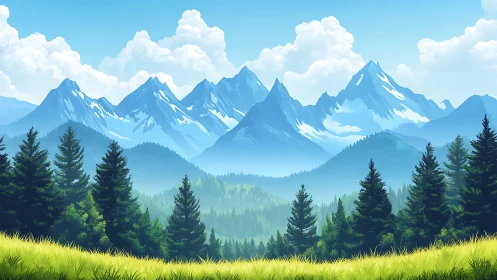 Snowcapped mountain range rises beyond dense pine forest