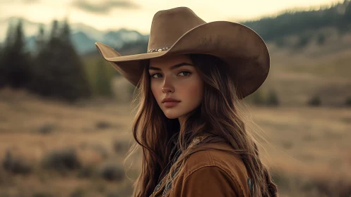 Woman in cowboy hat in soft-focus rural landscape portrait.