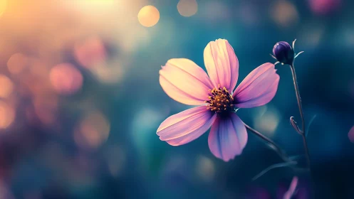 Cosmos flower specimen with luminous petals under bokeh-diffused golden hour lighting