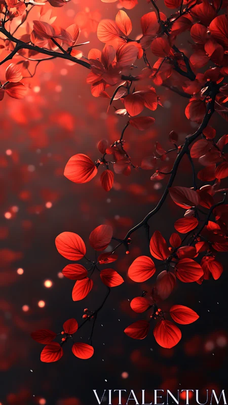 Crimson foliage cascade on dark bokeh background bloom.