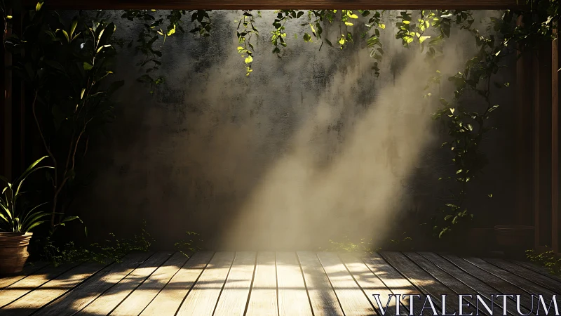 Volumetric sunlight penetrates leafy pergola onto weathered deck