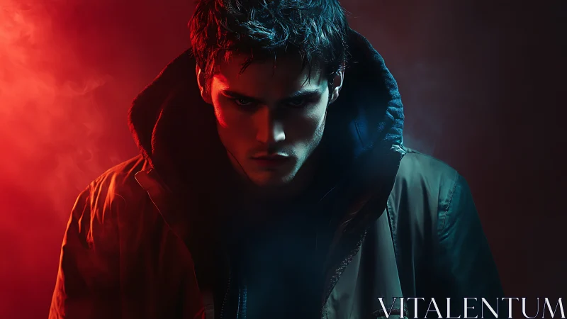 Moody male subject in hooded jacket under red-blue light.