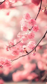 Pink flowering cherry blossoms blooming on dark branches.