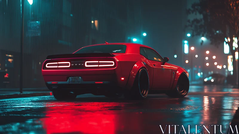 Widebody muscle car in neon lit rain with reflective wet asphalt