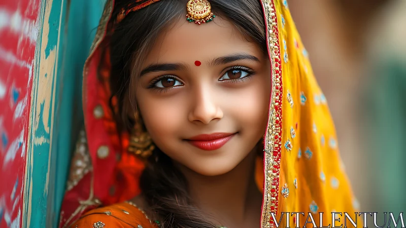 Portrait of girl in traditional embroidered yellow dupatta.