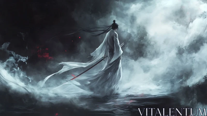 Lone white swordsman drifting through storm-scarred mist.