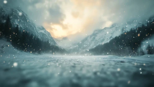 Low-angle snowstorm over alpine valley with diffused sunset glow