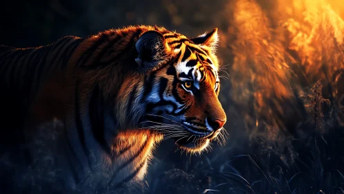 Tiger stalks through tall grass in dramatic sunset light.