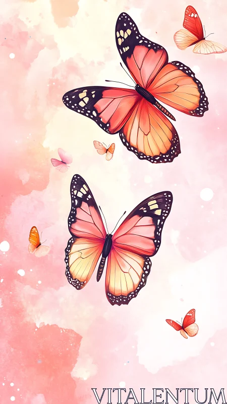 Digital pastel butterflies glide across a pink watercolor sky