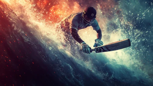 Cricket batsman diving through stormy waves of light.