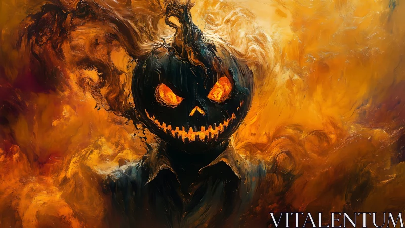 Fiery pumpkin specter emerges from swirling inferno backdrop.