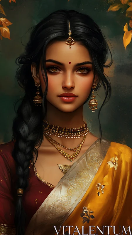 Digital painting of ornate Indian portrait with braided hair.