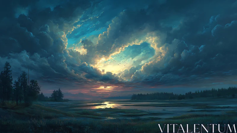 Storm-lit twilight marsh opens beneath swirling sky window