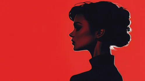 Elegant Woman’s Silhouette in Profile, Bold Red Minimalist Art.