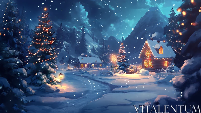 Snowy mountain village glows under festive winter lights.