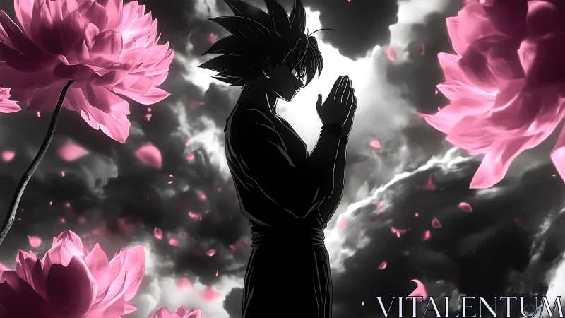 Silhouetted anime warrior meditates amid luminous lotus blooms