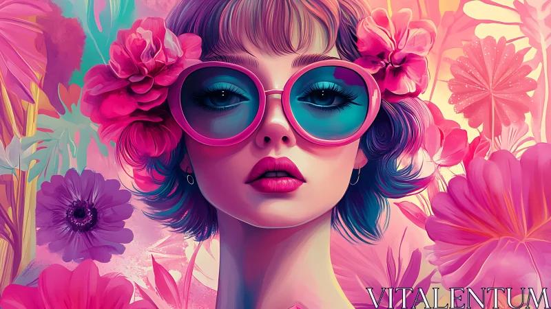 Neon tinted portrait shows woman with flowers and teal glasses