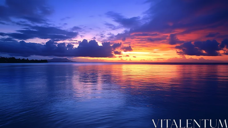 Twilight ocean horizon glows under vivid purple sunset sky