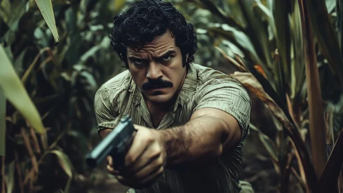 Armed man stalking through dense cornfield with pistol drawn.