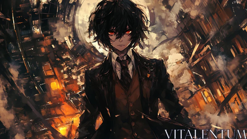 Brooding fire-eyed wanderer within a crumbling city storm.