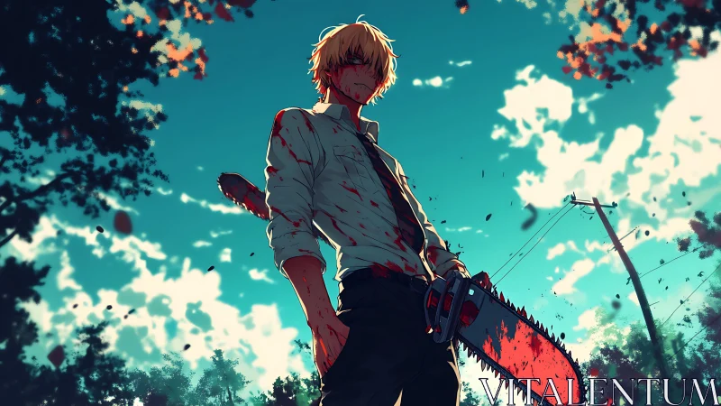 Bloodstained chainsaw wielder under dramatic teal sky.