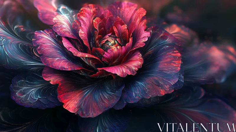 Luminous digital flower renders iridescent swirling petals