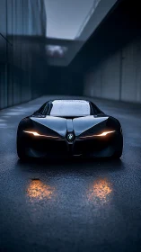 Futuristic BMW concept car glows on a wet urban roadway.