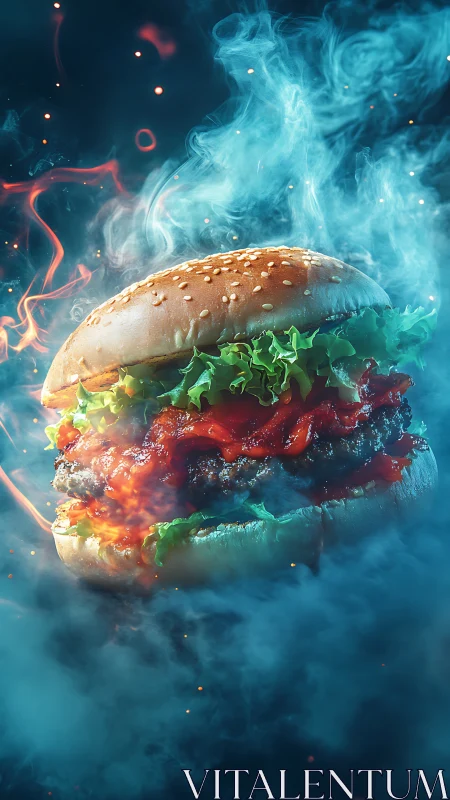 Flaming gourmet burger erupts through cinematic blue smoke.