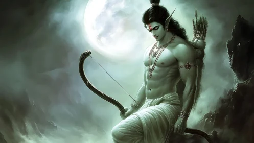 Mythic archer warrior under full moon on rocky cliff.