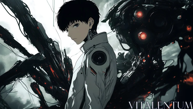 Cybernetic youth aligned with predatory mech interface systems.